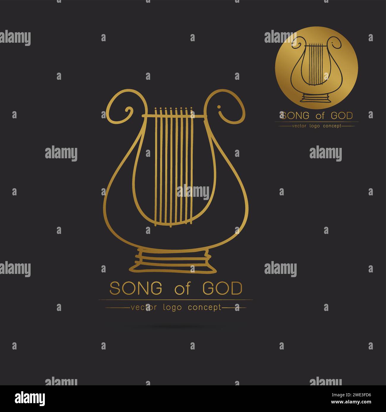 Moderno design lineare sottile e piatto. Immagine stilizzata del logo Lyre. Logo del festival di musica classica modello per copertine, logo, poster, inviti, musica moderna Illustrazione Vettoriale