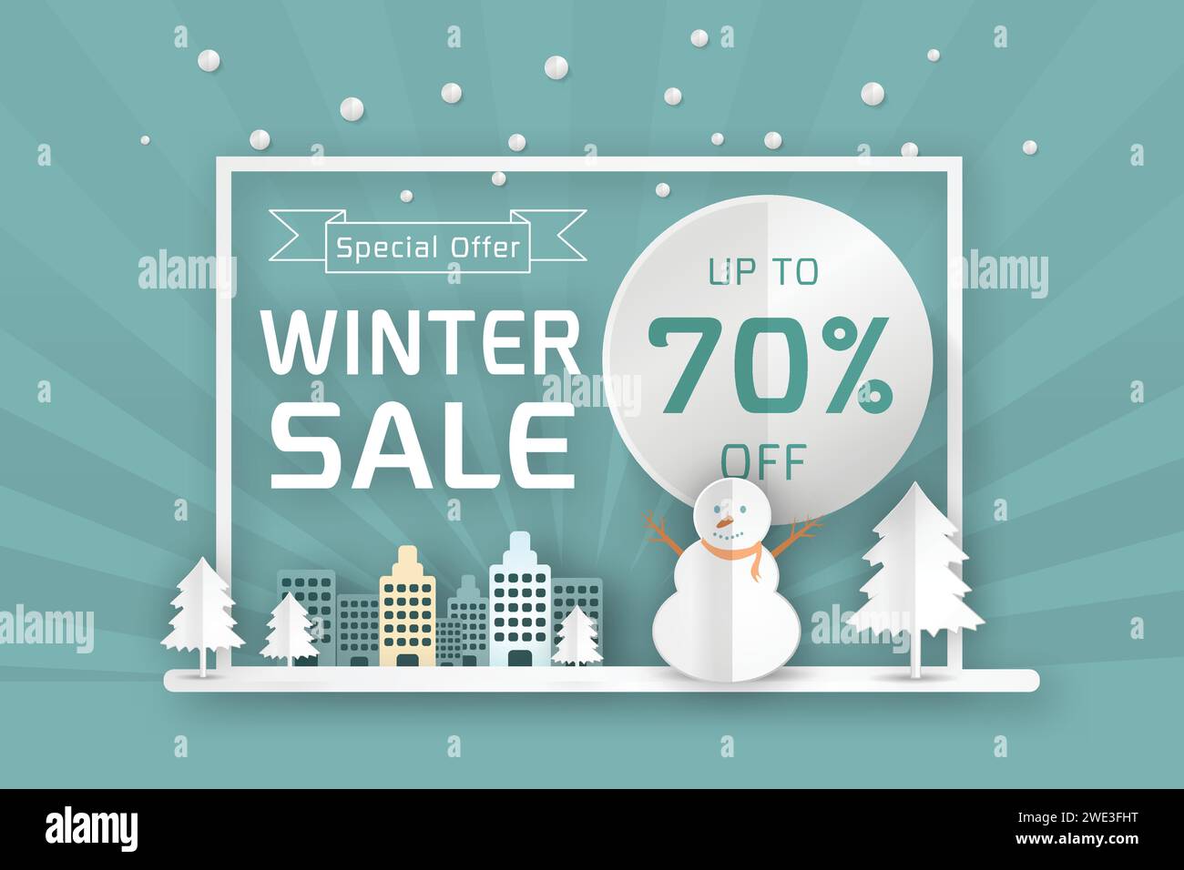 modello di poster vettoriale per la vendita invernale. Uomo delle nevi sorridente con sciarpa e cappello, fiocchi di neve - simboli invernali e volantino decorato con imballaggio. Illustrazione in blu Illustrazione Vettoriale