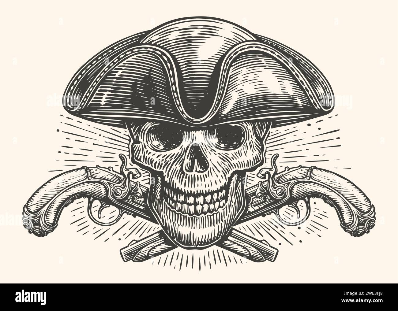 Scheletro pirata e pistole d'epoca. Testa del cranio in cappello a cocco. Stile di incisione illustrazione vettoriale Illustrazione Vettoriale