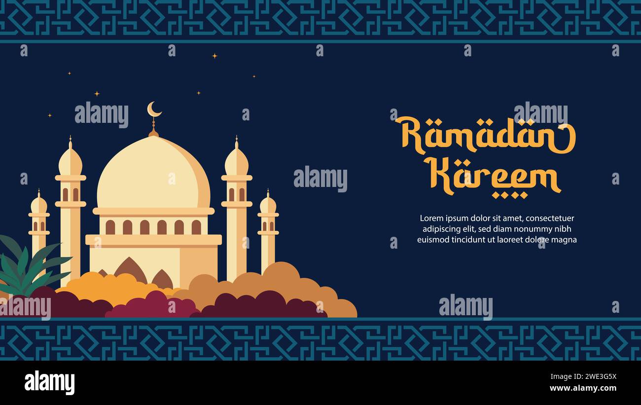 Illustrazione vettoriale del Ramadan Kareem sfondo con moschea e calligrafia. Adatto per biglietti di auguri, poster e striscioni. Illustrazione Vettoriale