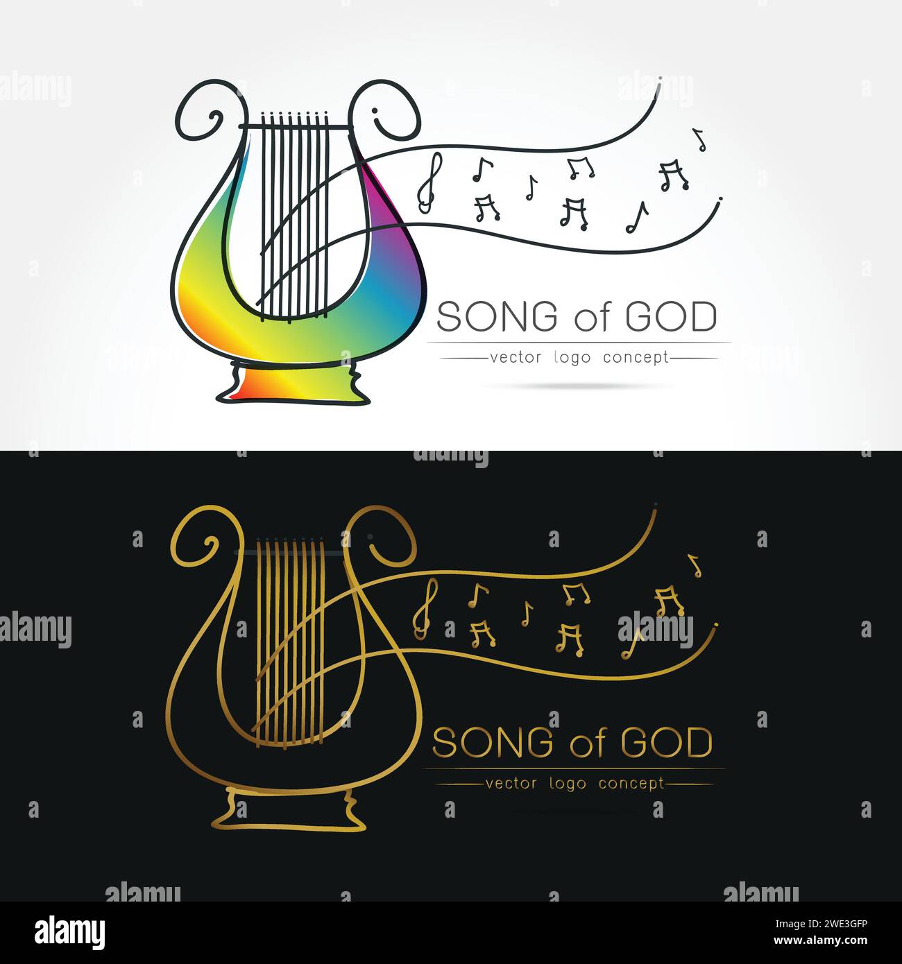 Moderno design lineare sottile e piatto. Immagine stilizzata del logo Lyre. Logo del festival di musica classica modello per copertine, logo, poster, inviti, musica moderna Illustrazione Vettoriale