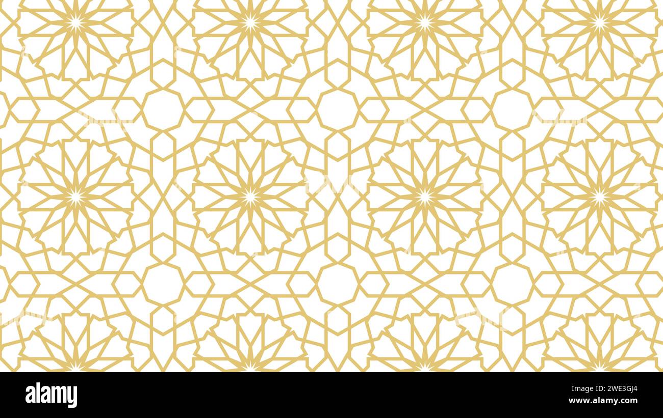 Modello senza cuciture basato sull'arte islamica tradizionale. Sfondo musulmano. Colore oro. Illustrazione Vettoriale