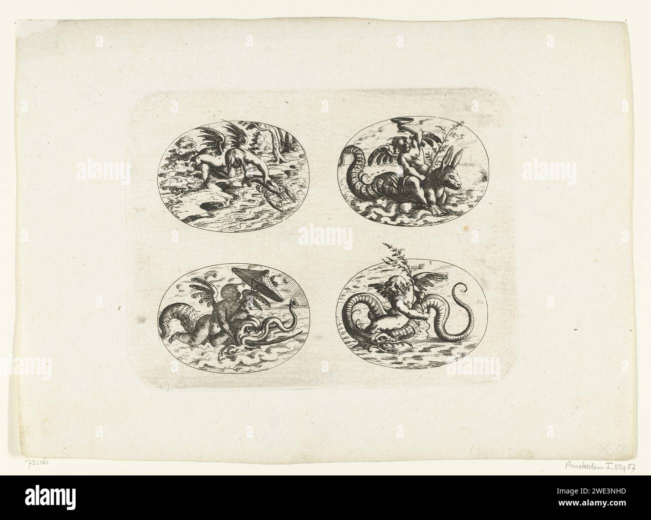 Quattro ovali sdraiati con putti, Christoph Jamnitzer, stampa 1573 - 1610 in alto a sinistra di un putto che prende un'aragosta fuori dall'acqua sulle ginocchia, in alto a destra un putto con una ciotola in mano, guidando su un filetto di mare, sotto un putto con un ombrello, guida su un pesce con zanne e un putto con uno proprio sotto Branch nel braccio, guidando su un serpente marino. Foglia di una serie di decorazioni piatte con crete grotesken, cartigli, ovali, mascarons, putti e creature fantastiche. La serie è composta da tre riviste di titolo, due riviste di testo con l'assegnazione e la prefazione e 60 riviste, distribuite su t Foto Stock