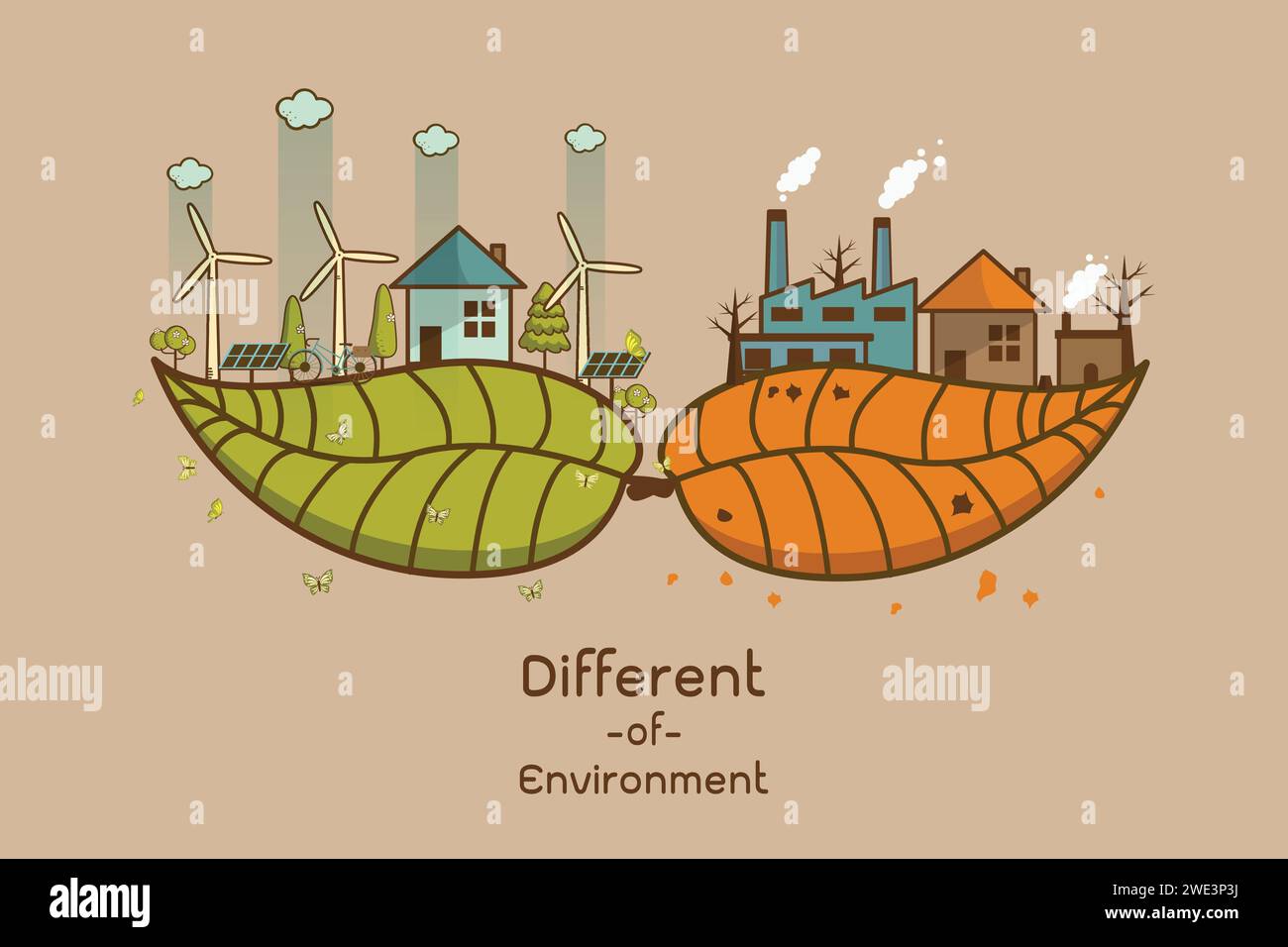 Il diverso paesaggio ambientale fabbrica e foresta, concetto di ecologia della terra verde informazioni verdi con ecologia e città verde di energia sa Illustrazione Vettoriale