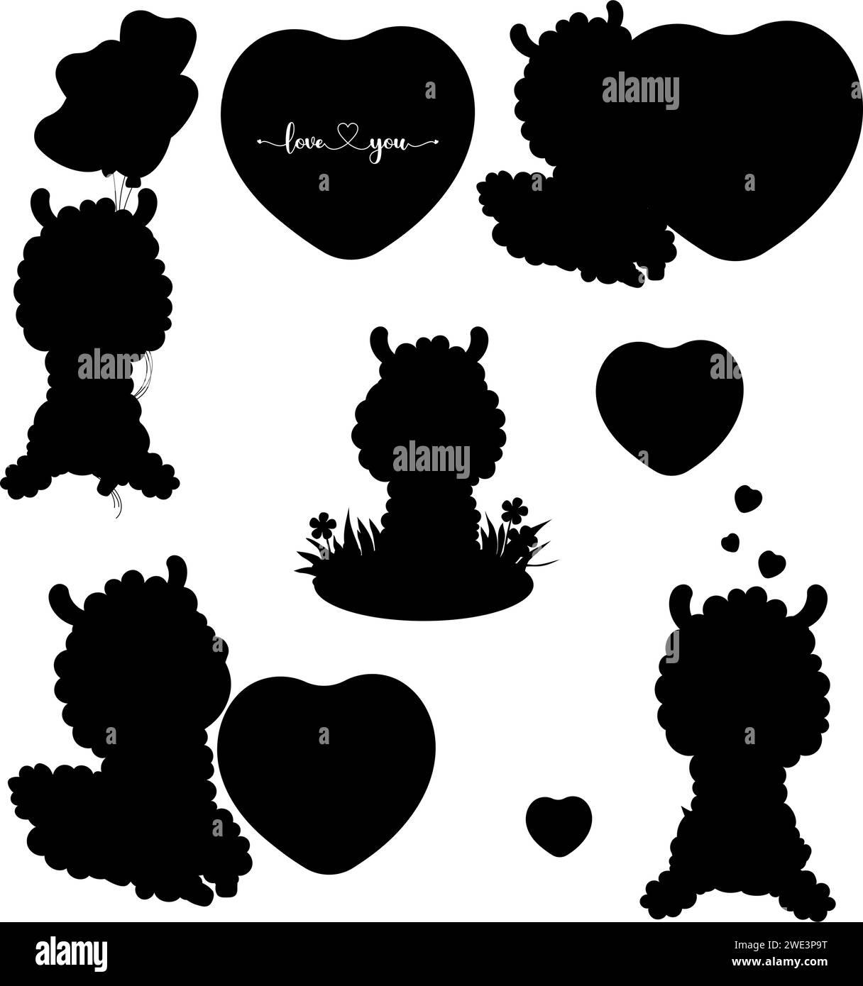 Collezione silhouette animali Alpaca. Lama con cuore, palloncini e in erba con fiori. Disegni neri isolati. Illustrazione vettoriale Illustrazione Vettoriale