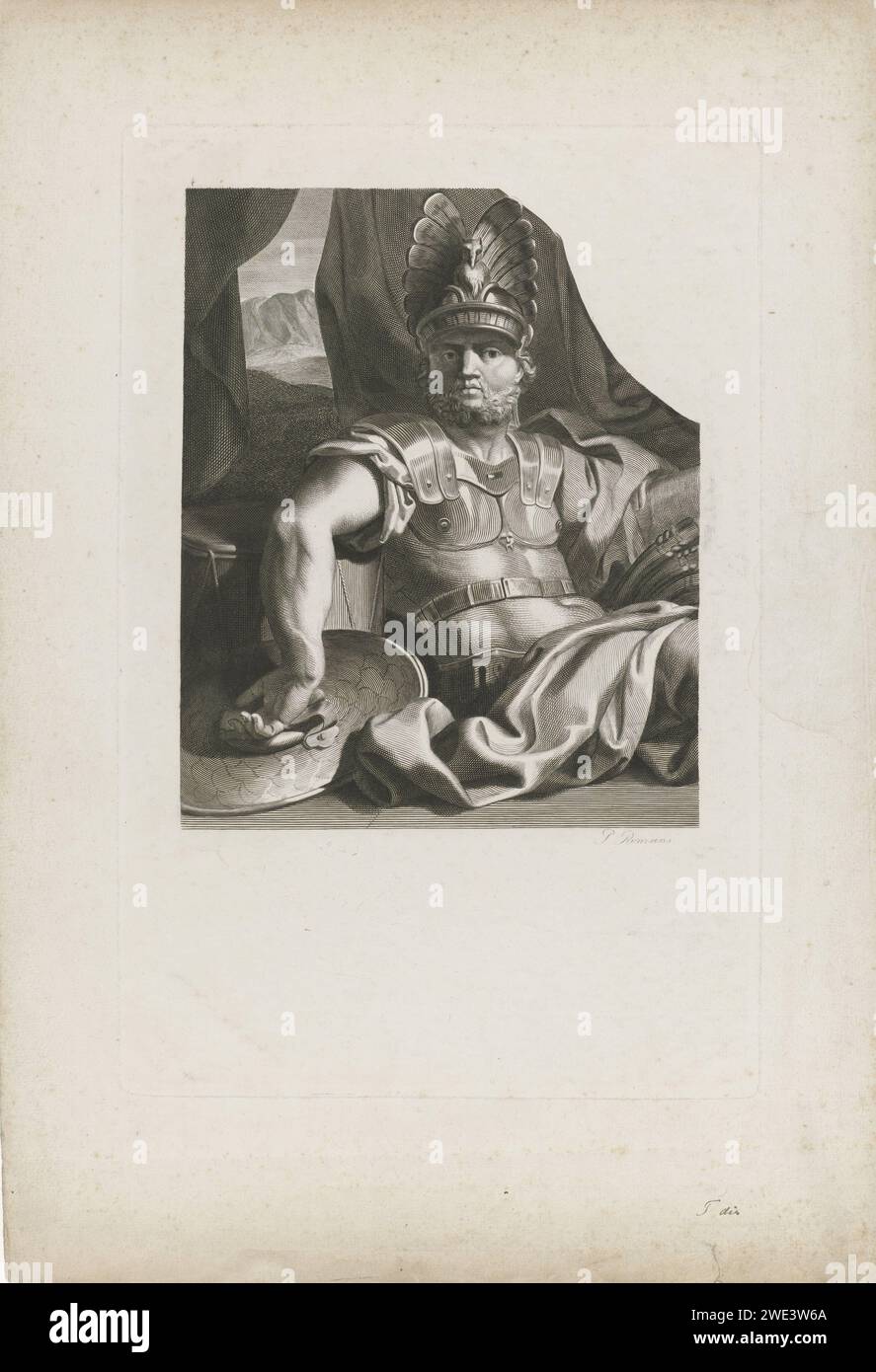 Roman Krijgsman, Pieter Romans, 1832 stampa Un guerriero romano (forse Marte) è in un'armatura a terra. Carta di Amsterdam che incide il soldato; la vita del soldato. (Storia di) Marte (Ares) Foto Stock