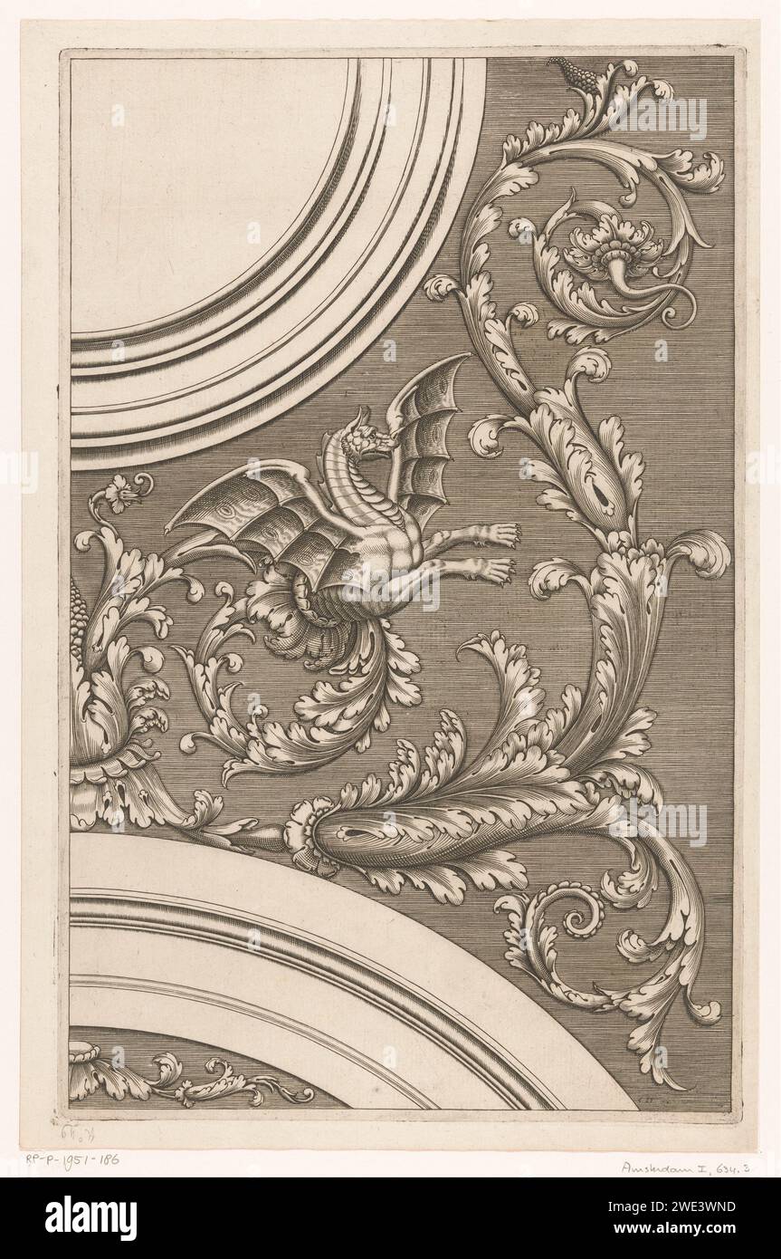 Acanthusranken con drago alato, Cesare Domenichi, 1589 - 1614 stampa Italia incisione carta acanto  ornamento - AA - stilizzato. drago Foto Stock