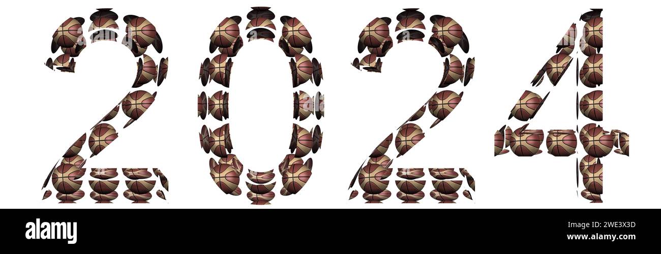 2024 anni concettuali realizzati con palline da basket isolate su sfondo bianco. Un'illustrazione 3D astratta come metafora del basket, dello sport Foto Stock