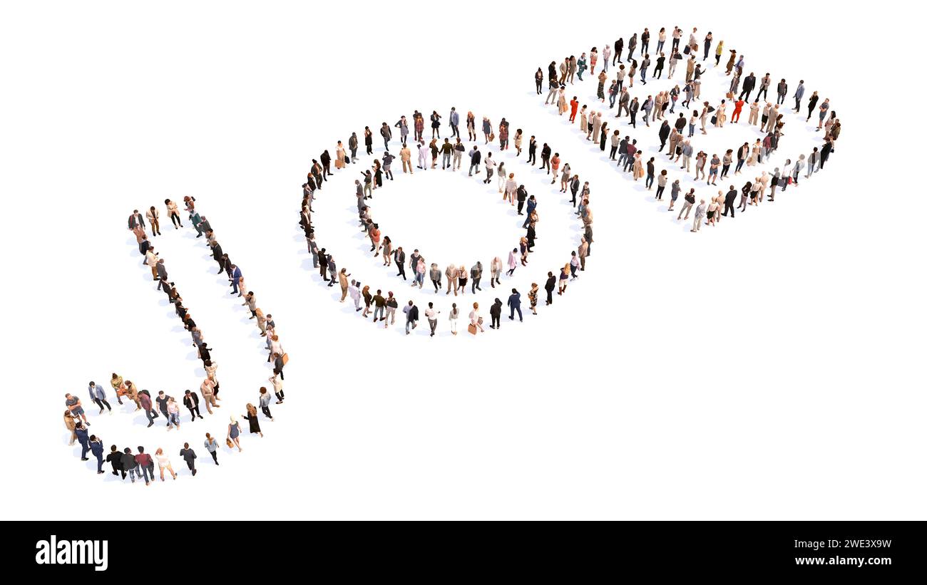 Concetto o grande comunità concettuale di persone che formano parola DI LAVORO. 3d metafora illustrativa per il lavoro, le risorse umane, l'occupazione, il reclutamento, la carriera Foto Stock