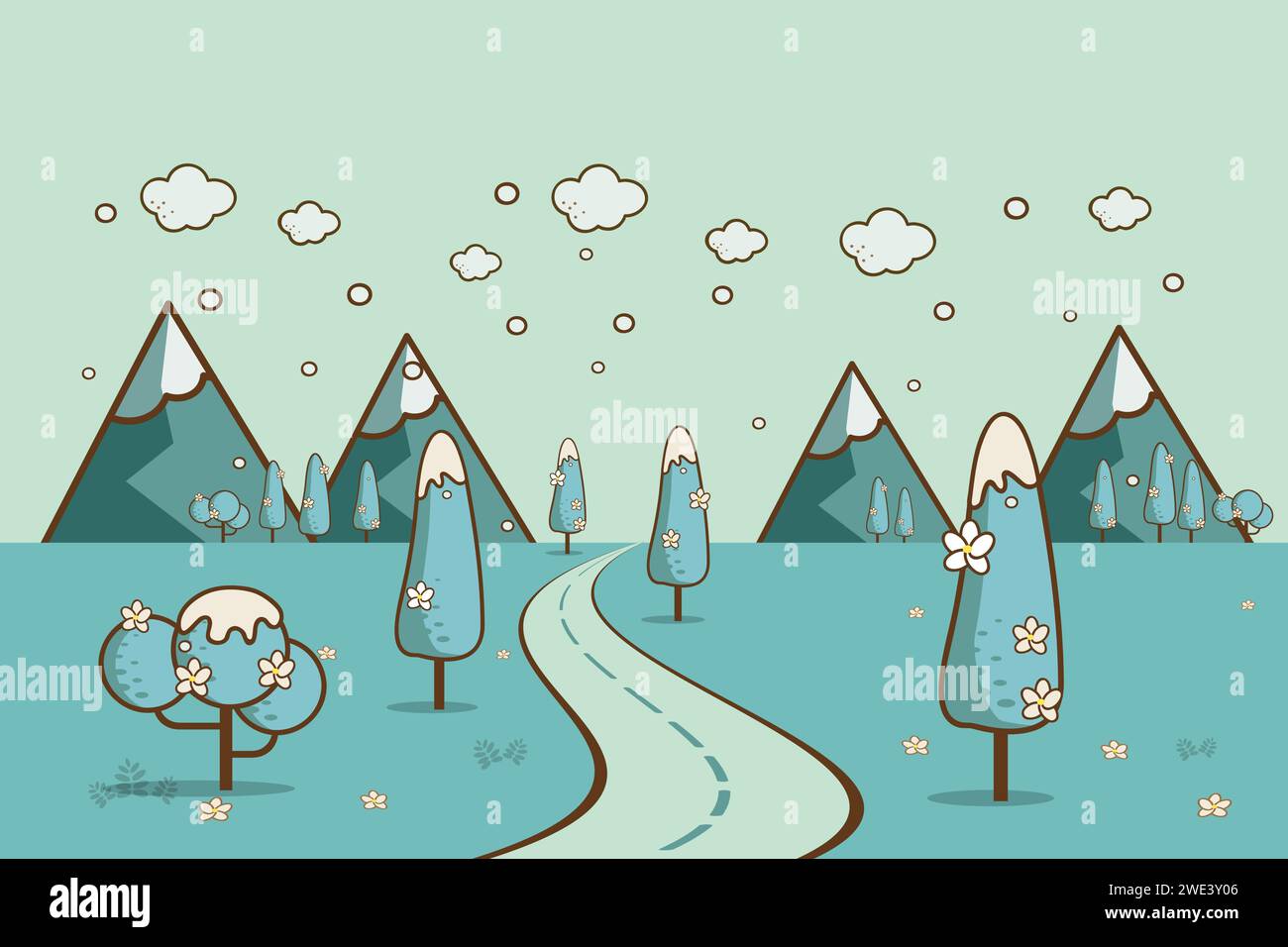 Strada nella valle della neve, montagne, colline e nuvole sull'illustrazione in stile sky.cartoon di paesaggio invernale sfondo illustrazione vettoriale Illustrazione Vettoriale