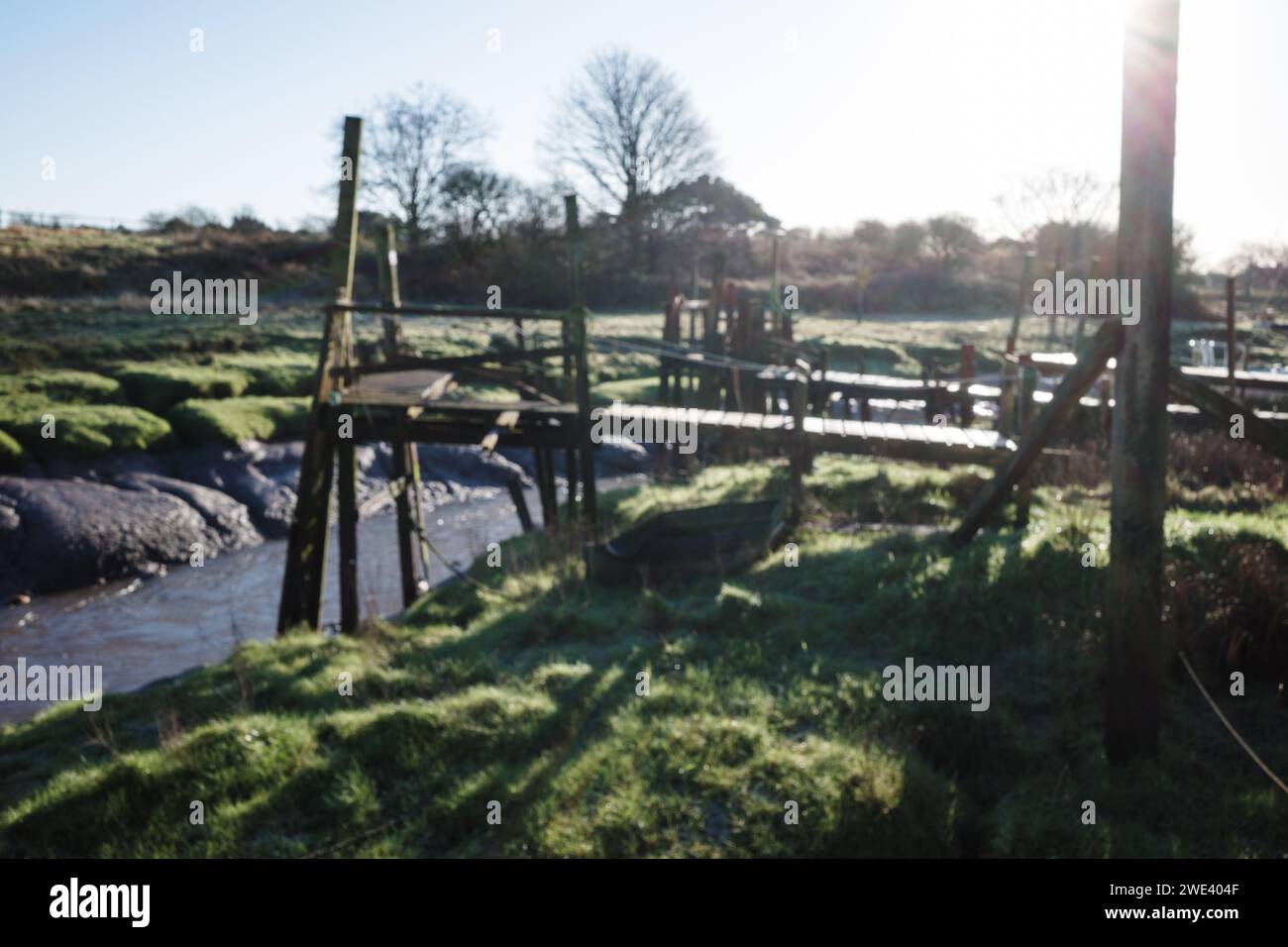 Pontoni per ormeggio barche in legno presso Skippool Creek Lancashire UK Foto Stock