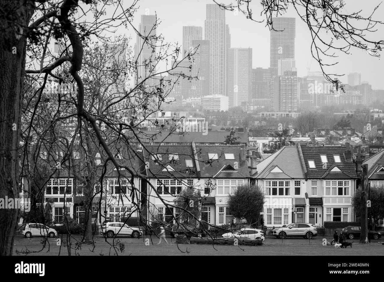 Proprietà residenziali suburbane e distanti grattacieli di Nine Elms, viste da Ruskin Park, uno spazio verde pubblico a sud di Londra a Lambeth, il 23 gennaio 2024, a Londra, Inghilterra Foto Stock