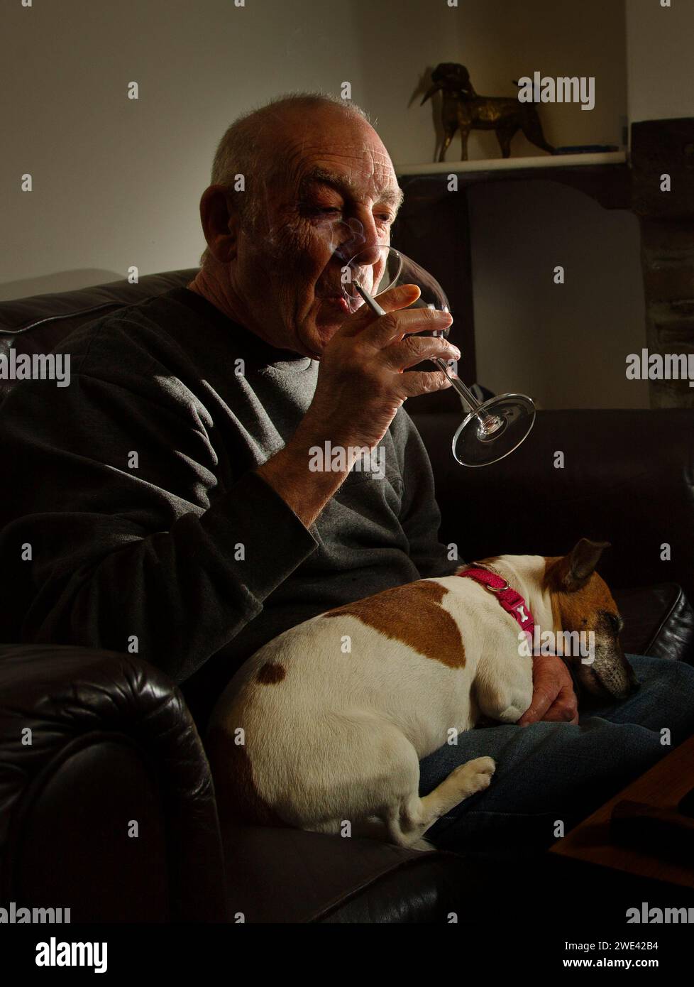 Vecchio da solo con il suo cane da compagnia Foto Stock
