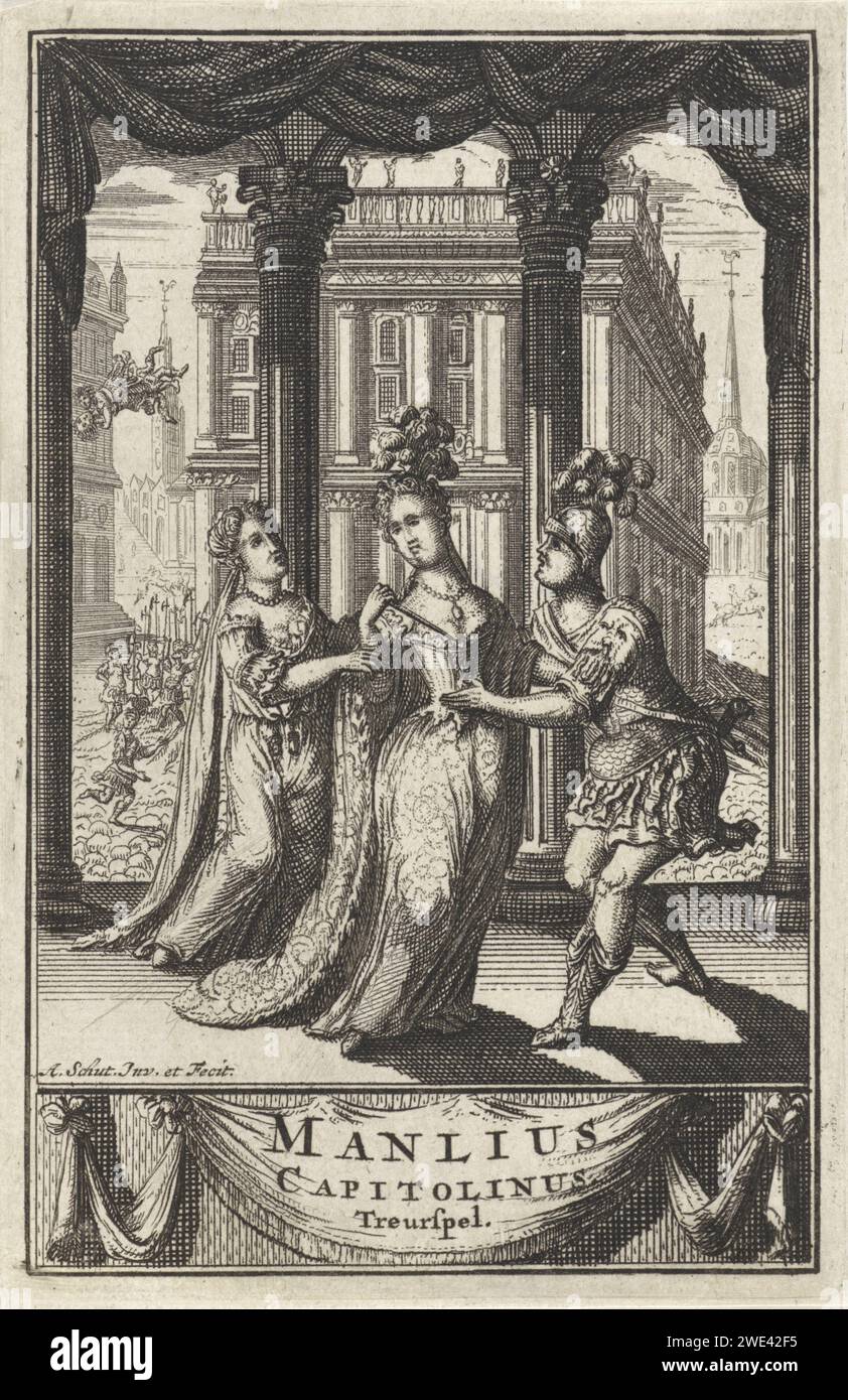 Compagnia in una galleria, Albert Schut, 1711 stampa Una signora è in una galleria. Un servo la aiuta a indossare il mantello. Un soldato la supplica di andarsene. Sullo sfondo potete vedere come due figure cadono dal tetto di un edificio. Su un drappello in fondo al titolo del libro in olandese. Amsterdam paper etching arcade  architettura. in cerca di morte, suicidio Foto Stock