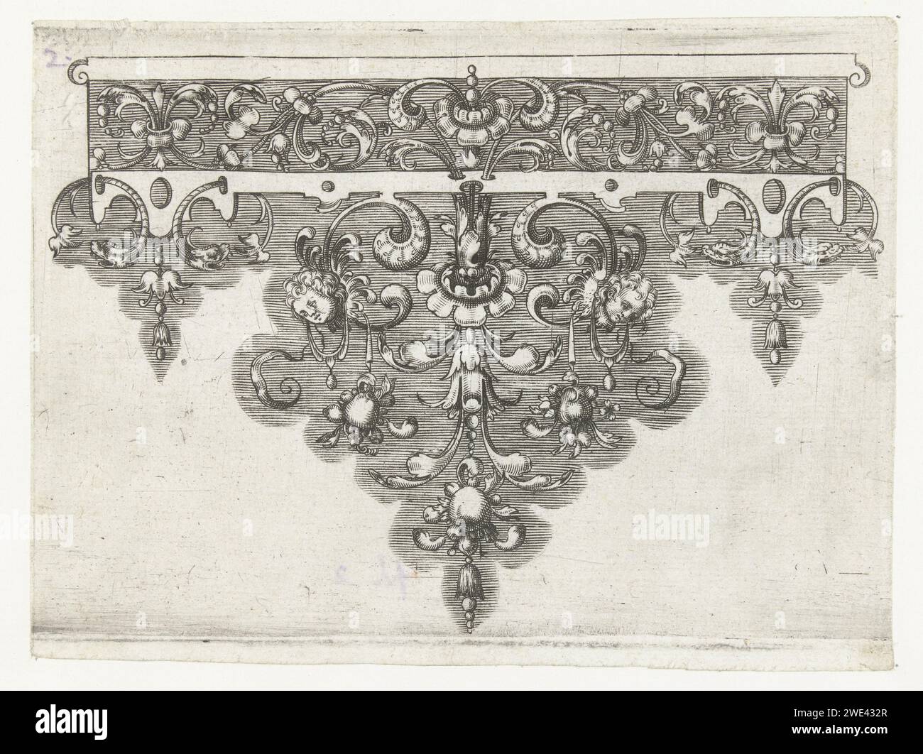 Rand con frisone decorato con viti a foglia, Anonimo, dopo Paul Birckenhultz, 1571 - 1639 stampa frisone con viti a foglia della pianta al centro della decorazione sottostante. Un cherubino galleggia su entrambi i lati della pianta. Uno di 3 fogli. Copie sulle stampe della serie descritta in ORN Cat i-317. Germania (forse) incisione su carta Foto Stock