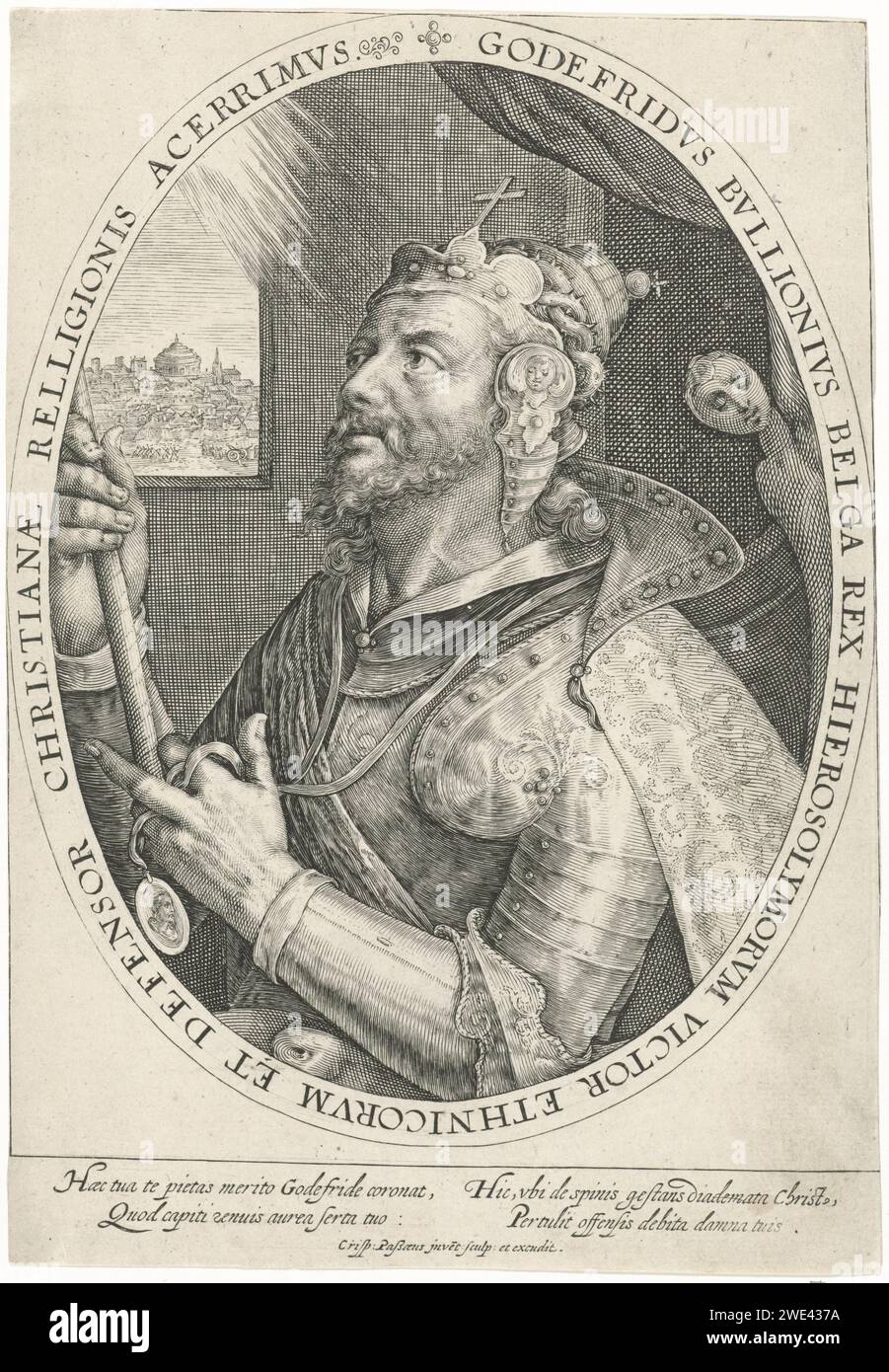 L'eroe Godfried Van Bouillon, Crispijn Van De Fasse (i), 1574 - 1637 stampa l'eroe cristiano Godfried van Bouillon. Sullo sfondo l'assedio di una città. Lo spettacolo è catturato in una cornice ovale con un bordo scritto in latino. A margine una didascalia in latino in cui Godfried van Bouillon è lodato. Stampa di una serie di nove con eroi. Incisione di carta sconosciuta Godefroy di Bouillon (una delle nove nozioni) Foto Stock