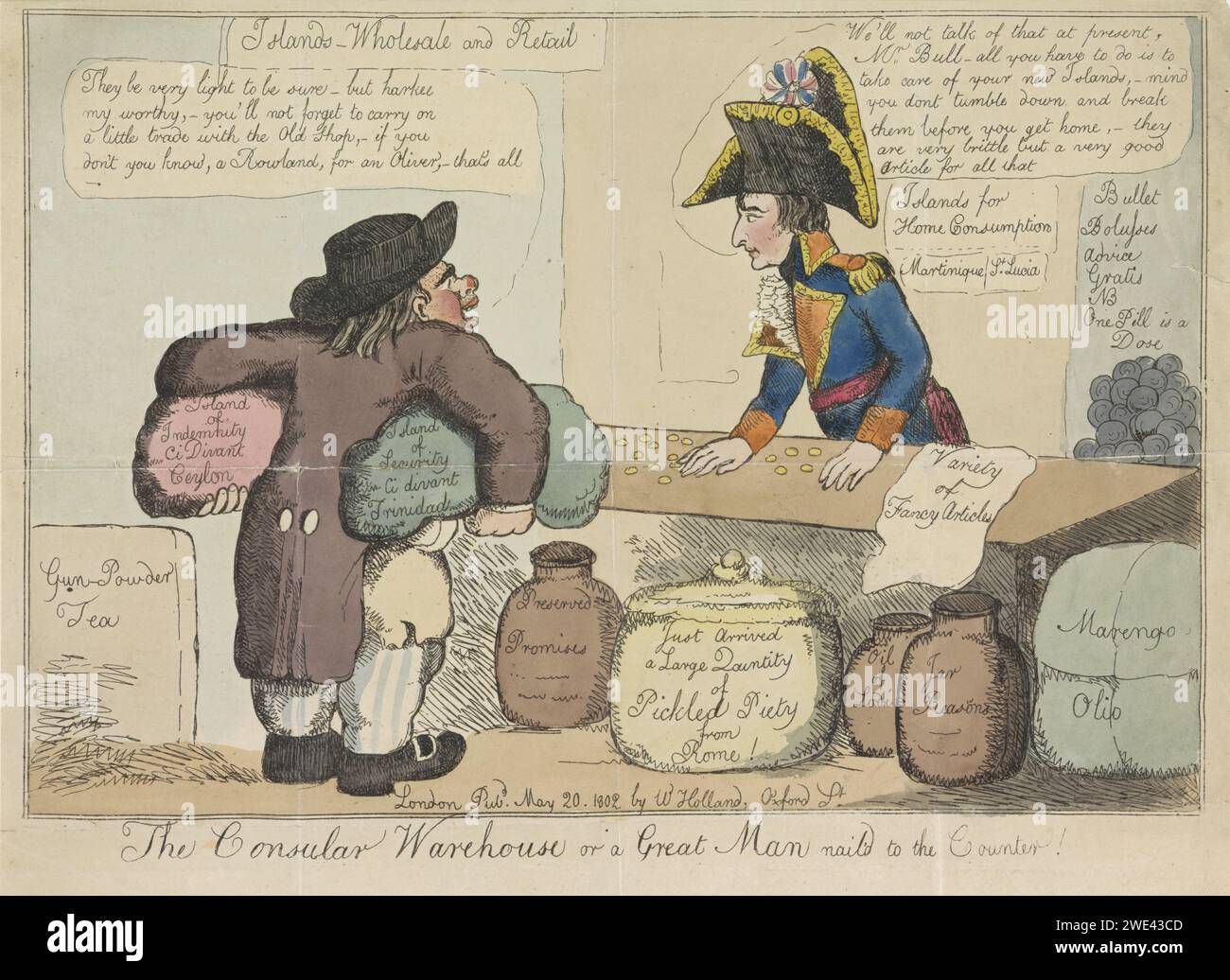 Political Catoon satirizzando il Trattato di Amiens del 1802, anonimo, cartoni animati inglesi del 1802 sulle condizioni della Pace di Amiens, in cui la Gran Bretagna acquisisce le isole di Ceylon e Trinidad. John Bull (Inghilterra) compra le due isole in un negozio del negoziante (Napoleone), che ha confezionato sotto le armi. Le isole di Martinica (Sint-Maarten) e Santa Lucia sono ancora in vendita nel negozio. Negoziante di carta di Londra. Personificazioni di paesi, nazioni, stati, distretti, ecc. SINT-Maarten. Sri Lanka. Trinidad Foto Stock
