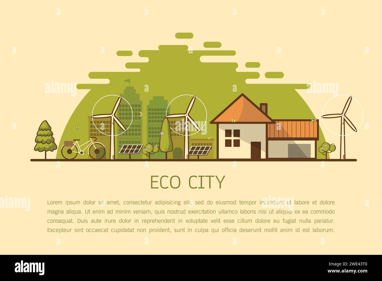 Illustrazione vettoriale di una casa privata e turbine eoliche con colline verdi sullo sfondo, concetto di eco-casa, energia rinnovabile, ecolo Illustrazione Vettoriale