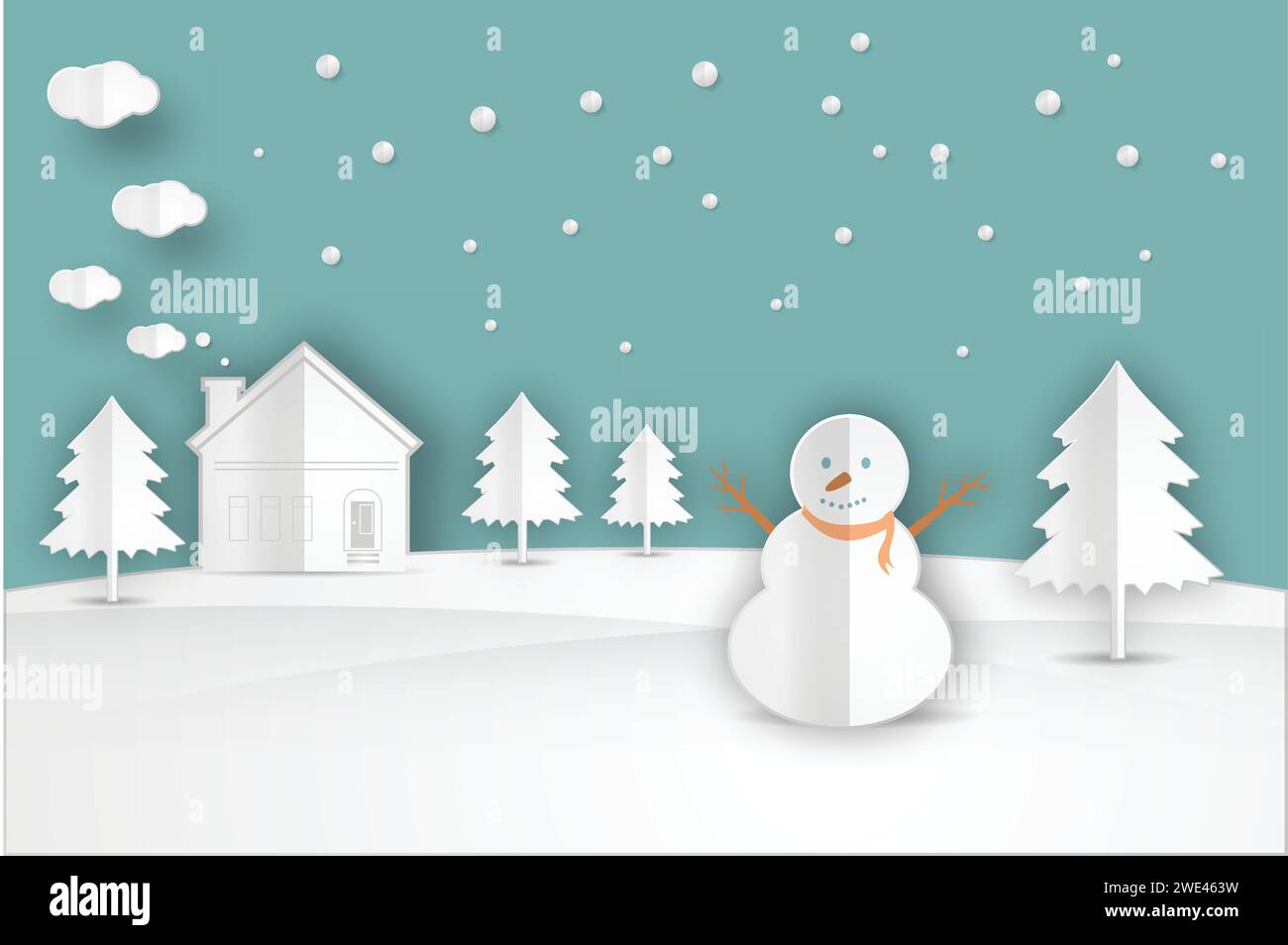 Natura, taglio di carta e artigianato paesaggio invernale con alberi di Natale, pupazzi di neve, neve. Scheda felice anno nuovo su sfondo blu illustrazione vettoriale Illustrazione Vettoriale