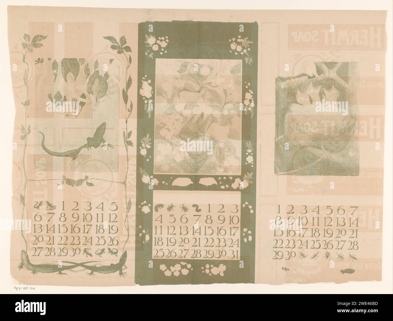 Calenders of April, and June, with Lizard and Birds, Theo Van Hoytema, calendario cartaceo del 1901, almanacco. uccelli. lucertole Foto Stock