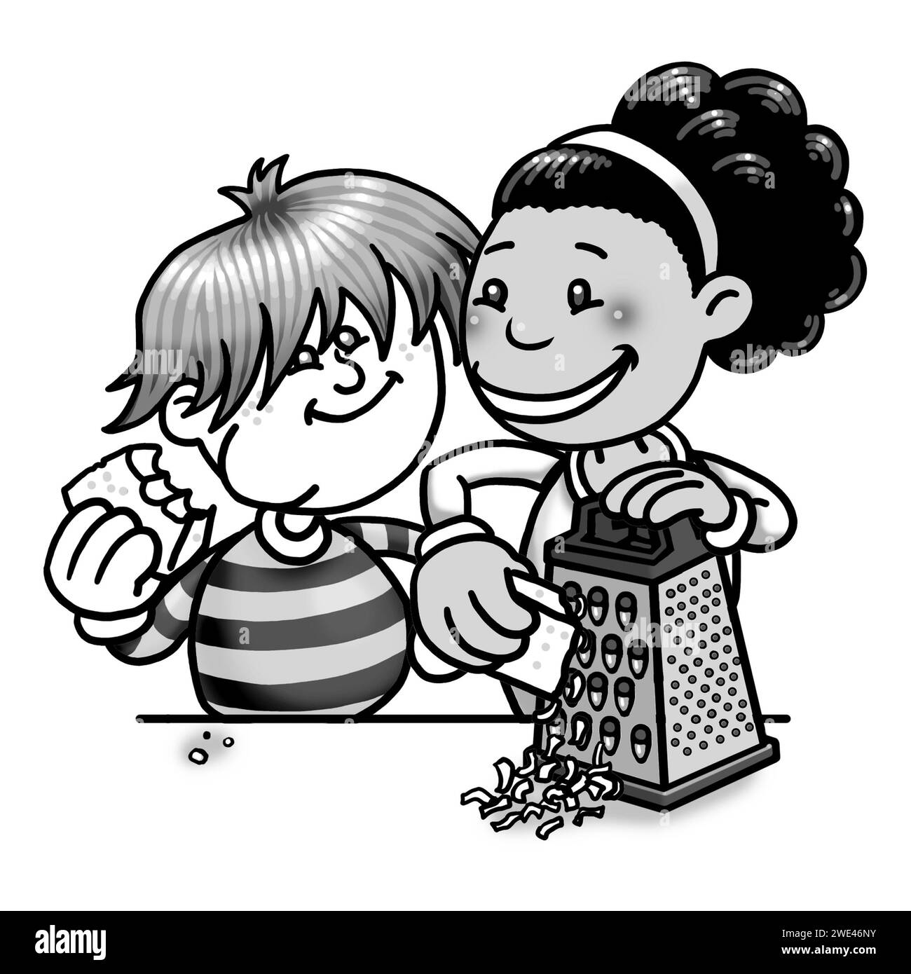 Illustrazione in bianco e nero, bambini che cucinano insieme, ragazza nera, ragazzo bianco, con una grattugia, formaggio grattugiato, mangiare formaggio, attivisti educativi Foto Stock