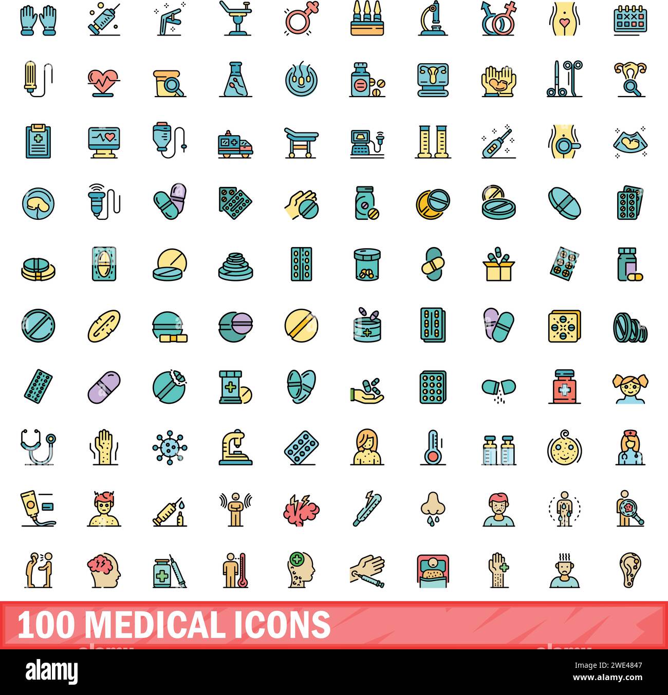 100 set di icone mediche. Set di linee colorate di icone vettoriali medicali linea sottile di colore piatta su bianco Illustrazione Vettoriale