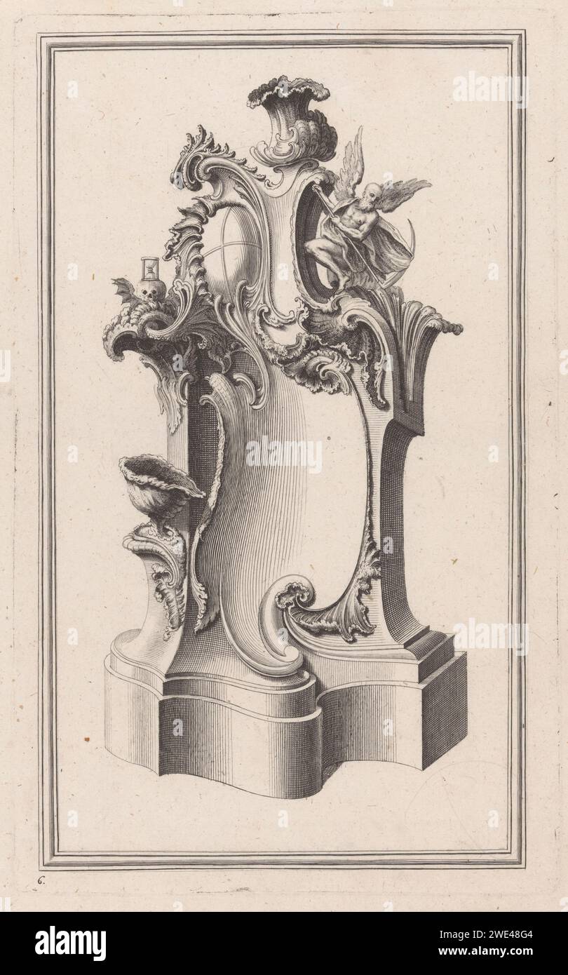 Disegna con padre tempo, Balthasar Sigmund Setletzky, dopo Christian Friedrich Rudolph, 1727 - 1754 stampa Design per un altare o epitaffio con ornamenti a rocaille e un vaso sulla sinistra. All'apice del tempo del padre con falce e un cranio alato con clessidra. Altare per incisione/incisione su carta di Augusta. epitaffio. Padre tempo, uomo con ali e falce. Teschio come simbolo di "Vanitas". ornamento rocaille Foto Stock