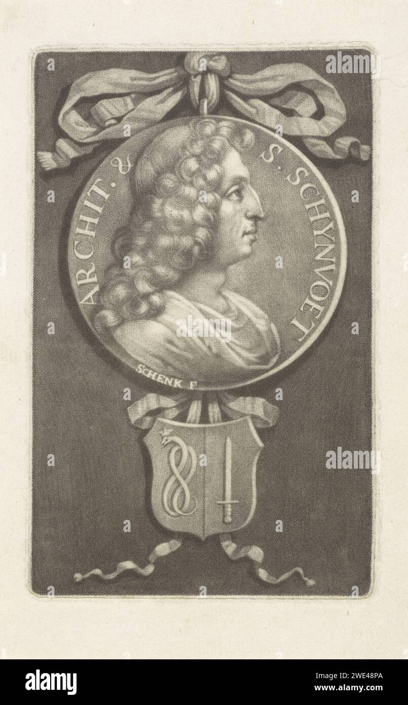 Ritratto dell'architetto Simon Schijnvoet su un medaglione, Pieter Schenk (i), 1670 - 1713 carta stampata incisione portante araldica Foto Stock