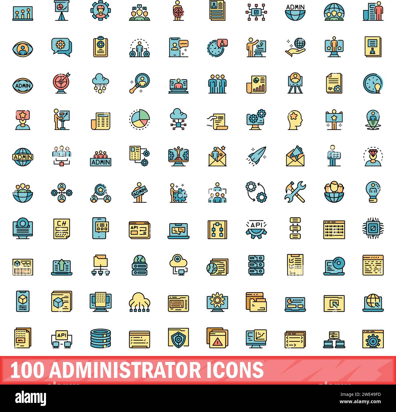 100 icone dell'amministratore impostate. Set di linee a colori delle icone vettoriali dell'amministratore colore della linea sottile piatta su bianco Illustrazione Vettoriale