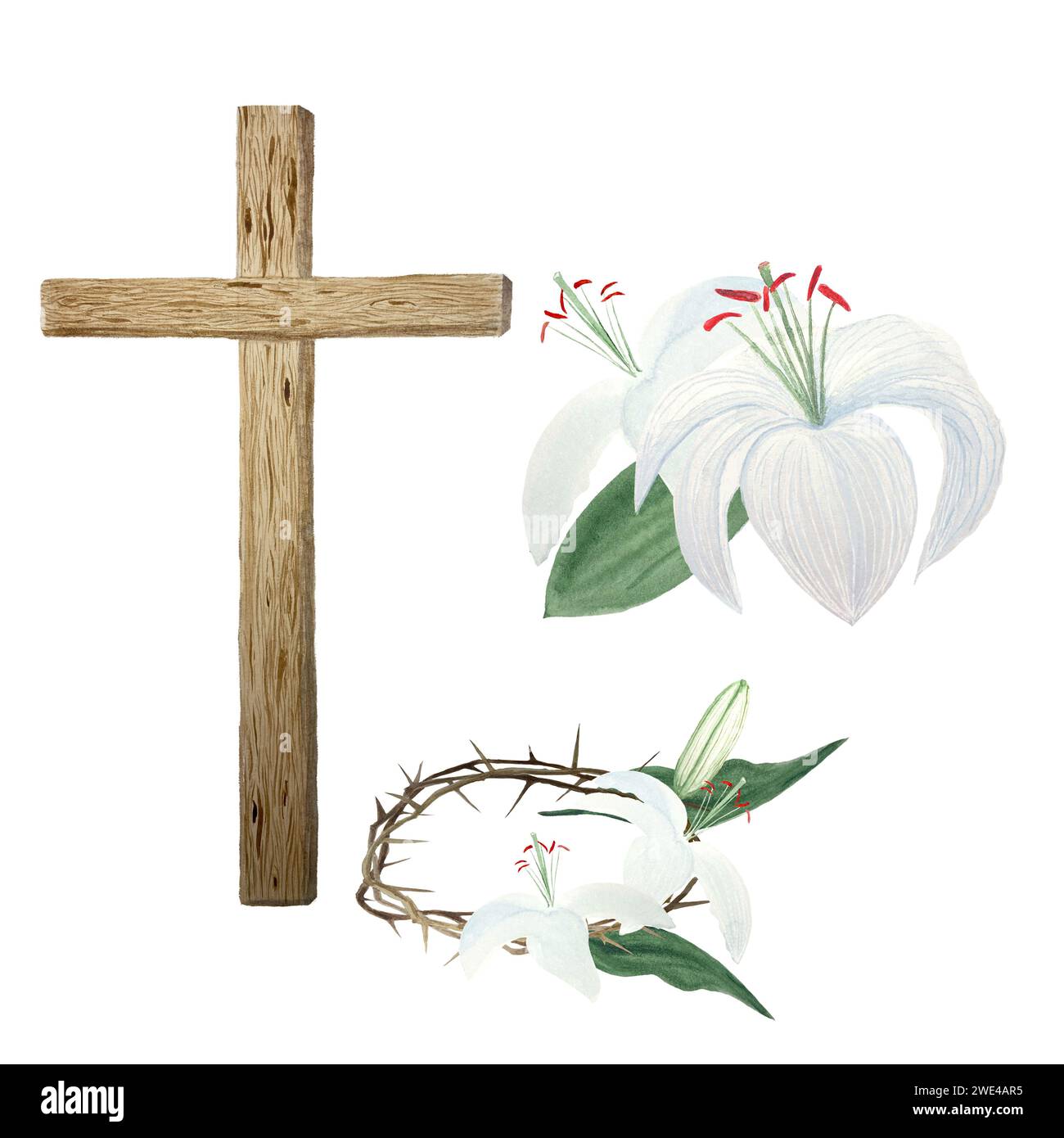Acquerello croce in legno corona di spine e gigli per Pasqua, giovedì santo, illustrazione religiosa isolata su bianco Foto Stock
