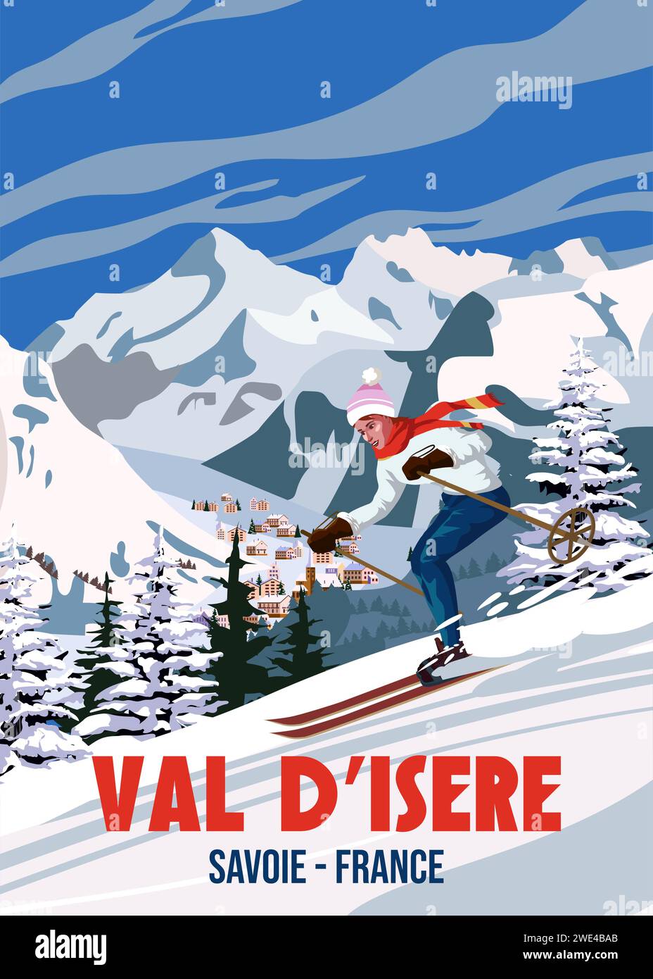 Poster di viaggio Ski Val d'Isere resort vintage. Carta di viaggio per paesaggi invernali in Francia Illustrazione Vettoriale