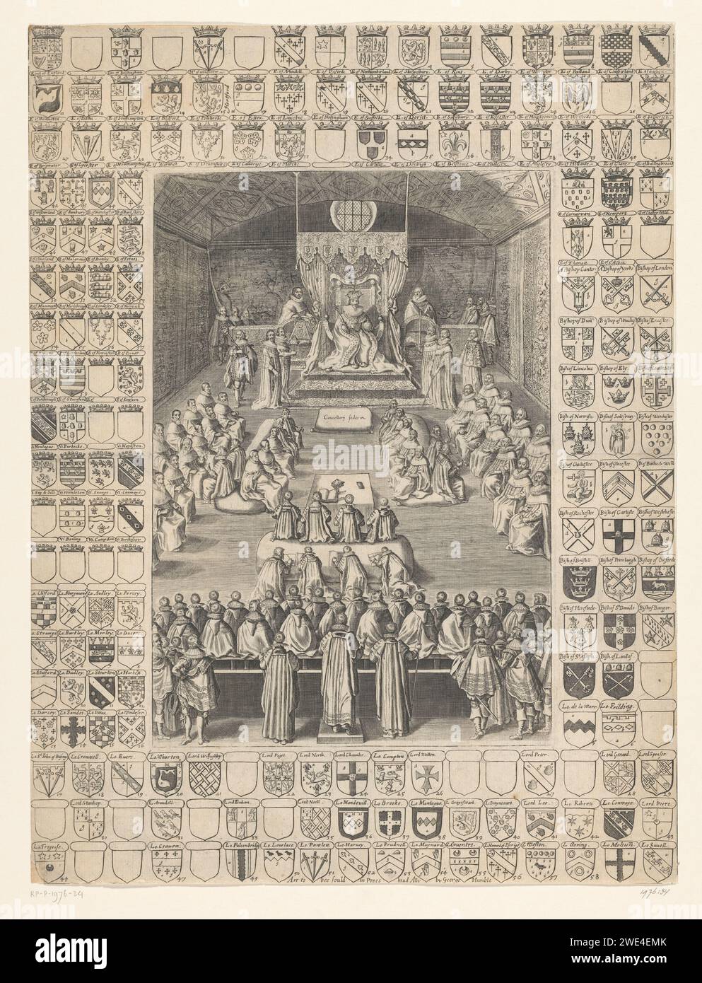 Carlo i apre la sessione del parlamento, 1628, Anonimo, 1628 stampa Re Carlo i d'Inghilterra apre la sessione del Parlamento, 1628. Il re sedette sul suo trono, a destra e a sinistra e in primo piano i membri del parlamento. Questo piatto circondato da file (parzialmente non invitate) armi araldiche dei parlamentari. Tipografia: Inghilterra (possibilmente)editore: London paper Engraving Upper House, Senate. Camera bassa, Parlamento, camera. atti ufficiali dei governanti, ad esempio atti reali (il sovrano dà udienza, concede misericordia, ecc.; il sovrano e i suoi sudditi). cuscinetto araldico Foto Stock