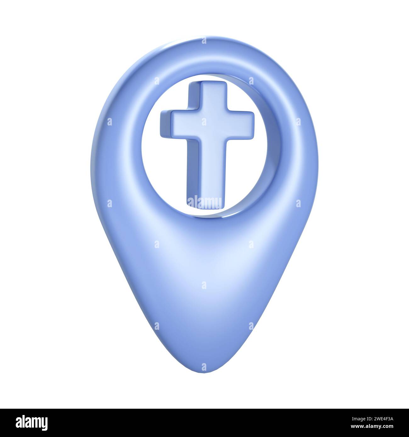 Icona gps gps croce blu Christian 3D. Elemento per il luogo della chiesa, indirizzo dell'edificio religioso. Oggetto su sfondo bianco Foto Stock