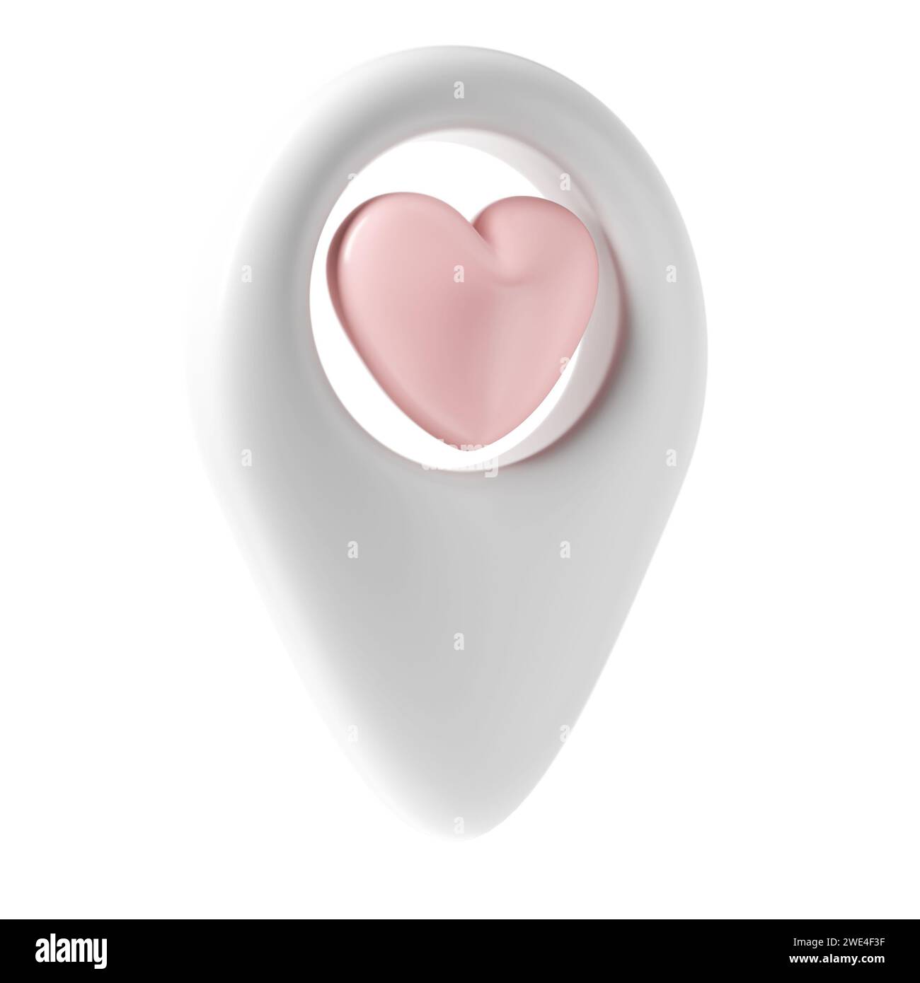 Icona puntina 3d puntatore mappa san valentino. Punto di localizzazione geotag bianco con cuore rosa, simbolo preferito amore. illustrazione per web, app, infografiche Foto Stock