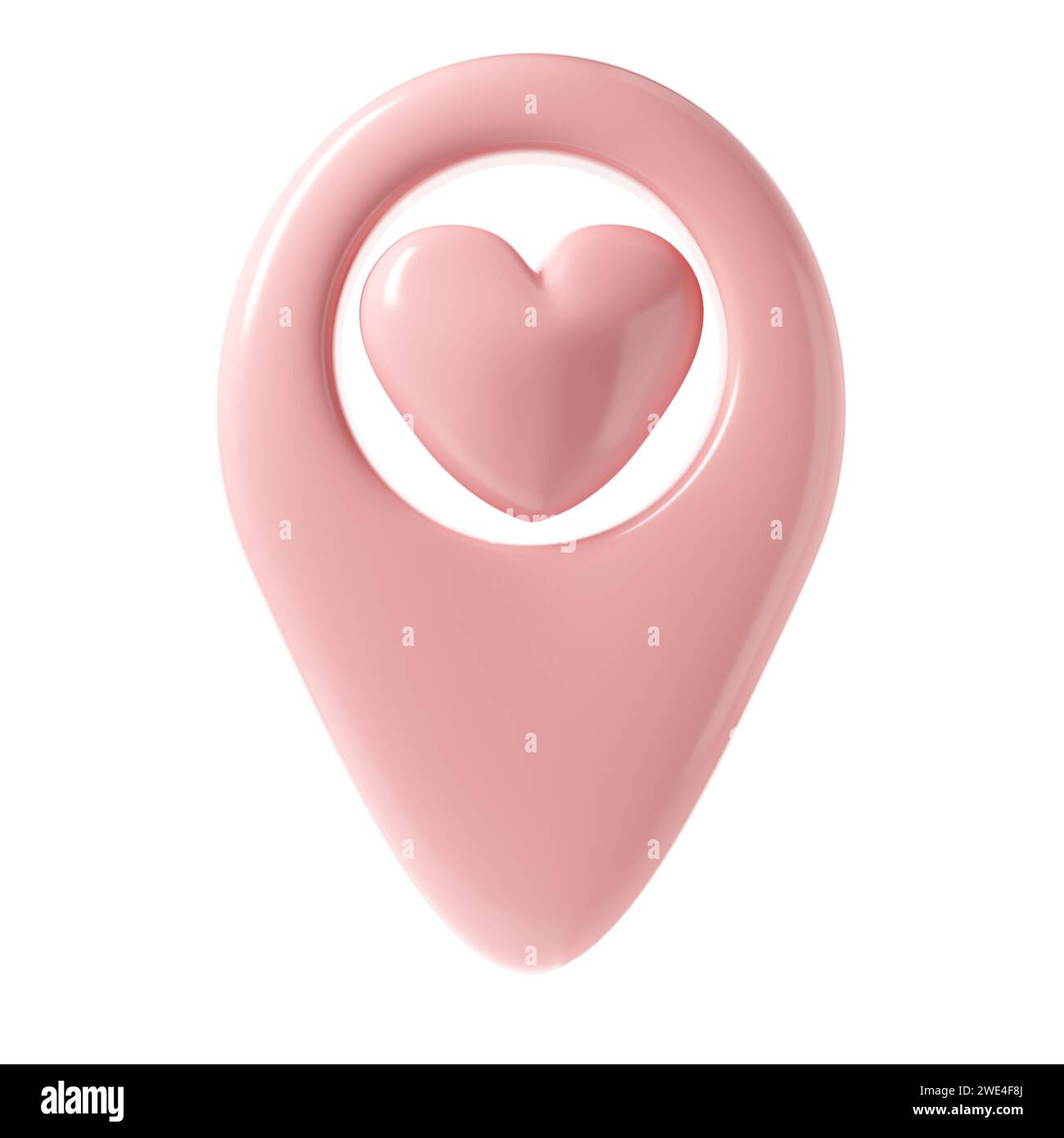Icona puntina 3d puntatore mappa san valentino. Punto di posizionamento geotag rosa con cuore, simbolo preferito amore. illustrazione per web, app, infografiche Foto Stock
