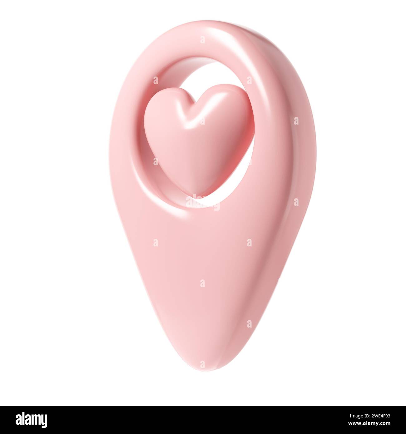 Icona puntina 3d puntatore mappa san valentino. Punto di posizionamento geotag rosa con cuore, simbolo preferito amore. illustrazione per web, app, infografiche Foto Stock