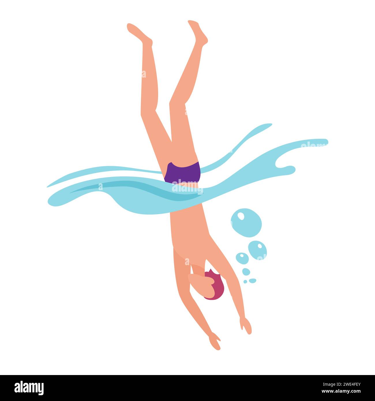 Uomo in costume da bagno che salta in acqua, nuotatore che si tuffa sott'acqua con bolle d'aria Illustrazione Vettoriale