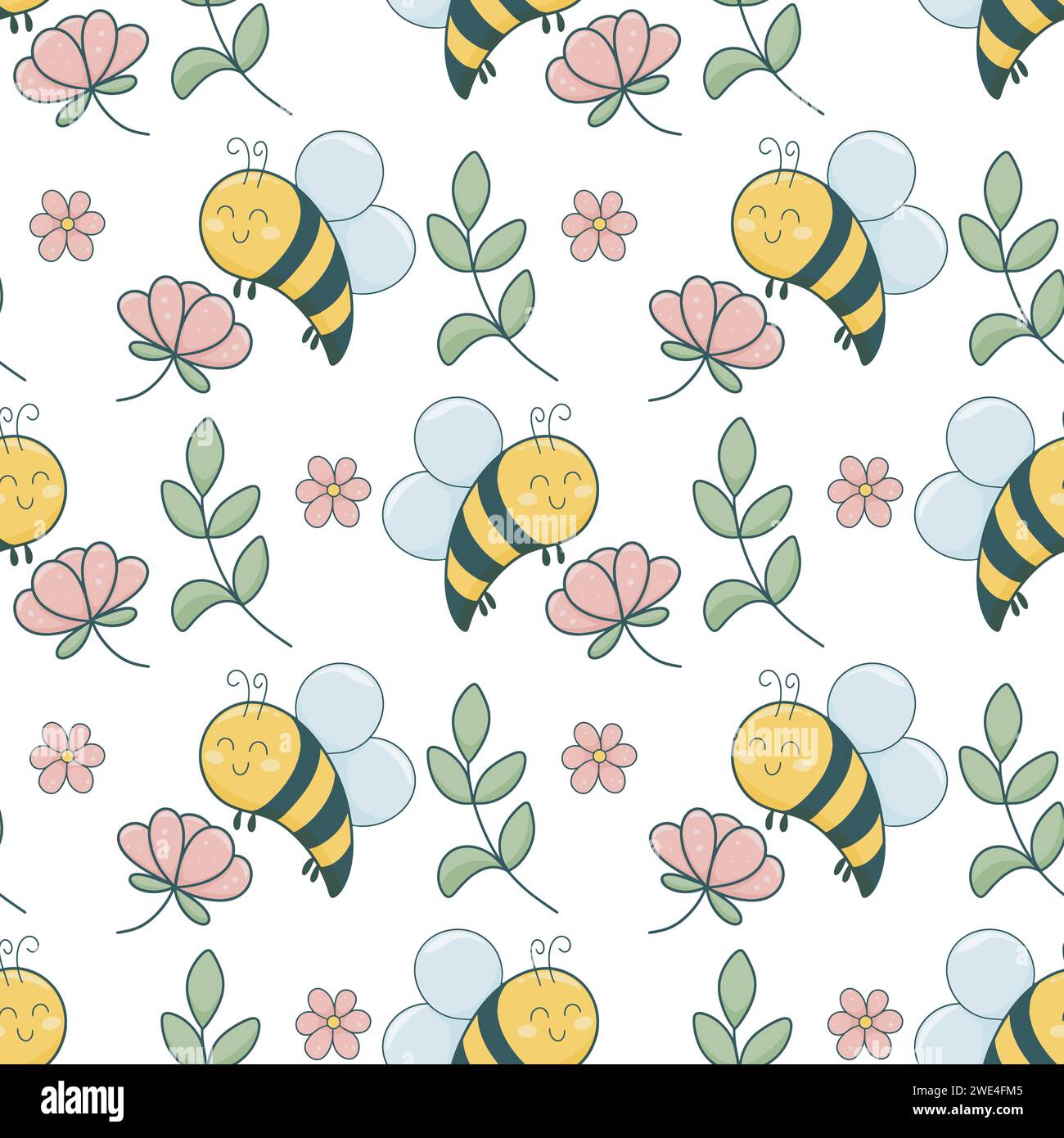 Modello estivo floreale senza cuciture con le api. Grazioso sfondo primaverile con fiori, foglie e api. Stampa floreale botanica per tessuti per neonati, imballaggi Illustrazione Vettoriale