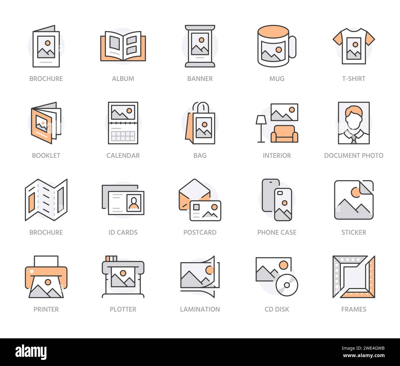 Serie di icone della linea di stampa fotografica. Identità del marchio stampata su prodotti quali brochure, banner, tazza, illustrazioni vettoriali su plotter. Semplici segni di contorno per Illustrazione Vettoriale