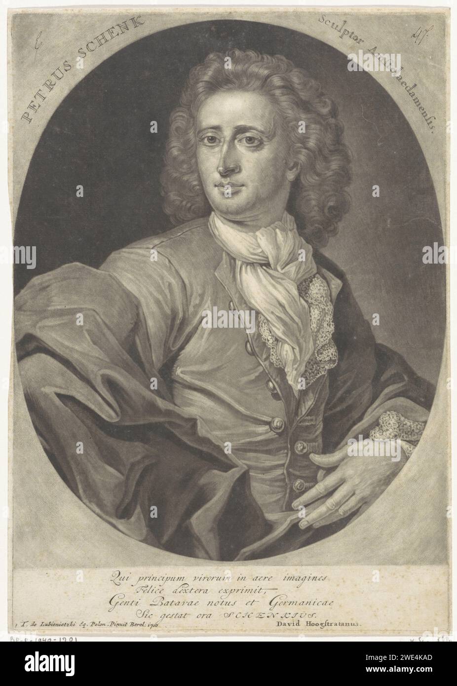 Autoritratto del tipografo ed editore Pieter Schenk, Pieter Schenk (i), dopo Lubienitzki Theodor, 1700 - 1713 stampa Amsterdam carta incisione persone storiche. ritratto, autoritratto dell'artista grafico Foto Stock