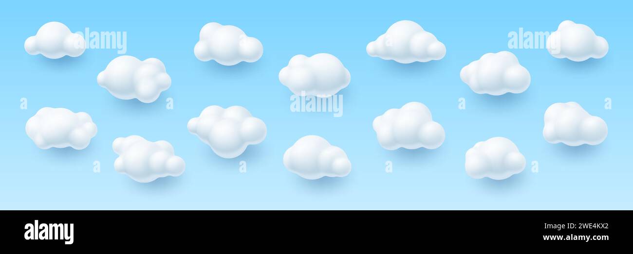 nuvole celesti 3d, realistiche formazioni vettoriali cumulus elementi di rendering tridimensionali, che migliorano gli ambienti visivi in mondi virtuali o scene al computer per atmosfere coinvolgenti e realistiche Illustrazione Vettoriale