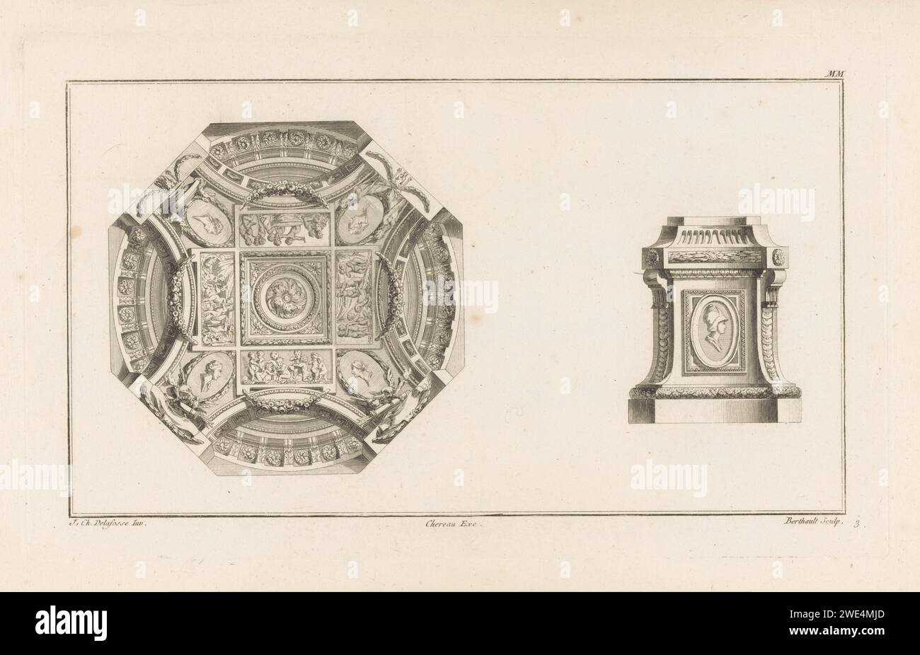 Soffitto a Vetstuk, Berthault, Jacques-Francois Chéreau, dopo Jean Charles Delafosse, 1771 stampa a sinistra un soffitto tondo ornato con quattro medaglioni ovali con ritratti e profil e una rosetta al centro. A destra un piedistallo decorato con medaglione ovale con un ritratto con casco e profil. Soffitto con incisione/incisione in carta parigina (decorata). piedistallo di un pezzo di scultura (forse sotto forma di un herm) Foto Stock