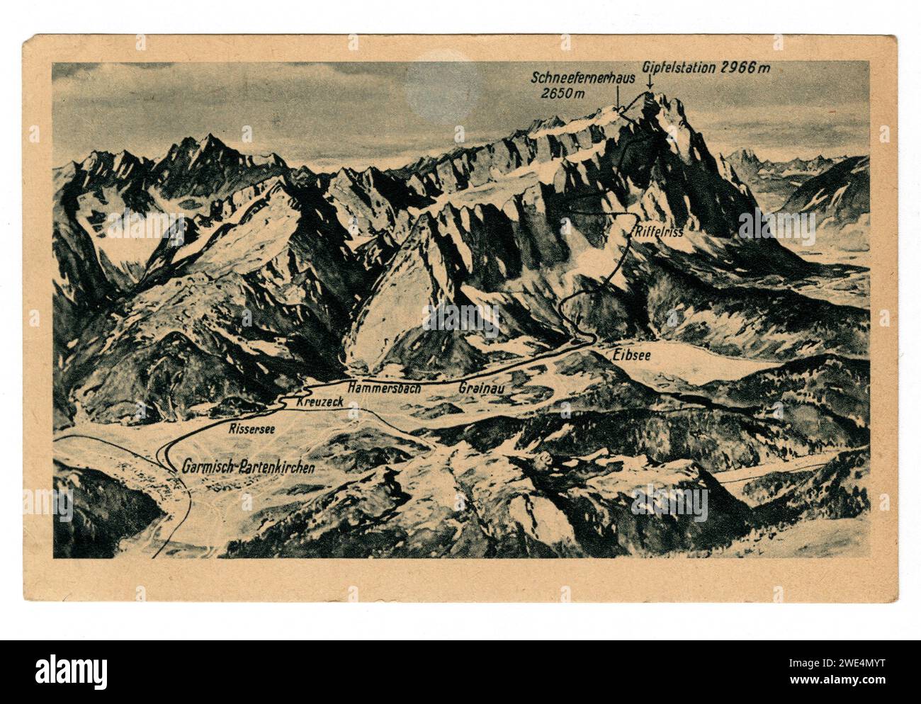 Cartolina con disegno in rilievo ombreggiato che mostra il percorso della ferrovia bavarese Zugspitze. Pubblicazione autorizzata dall'US Army 6870 DISCCC (CA.1944-1946.) Foto Stock