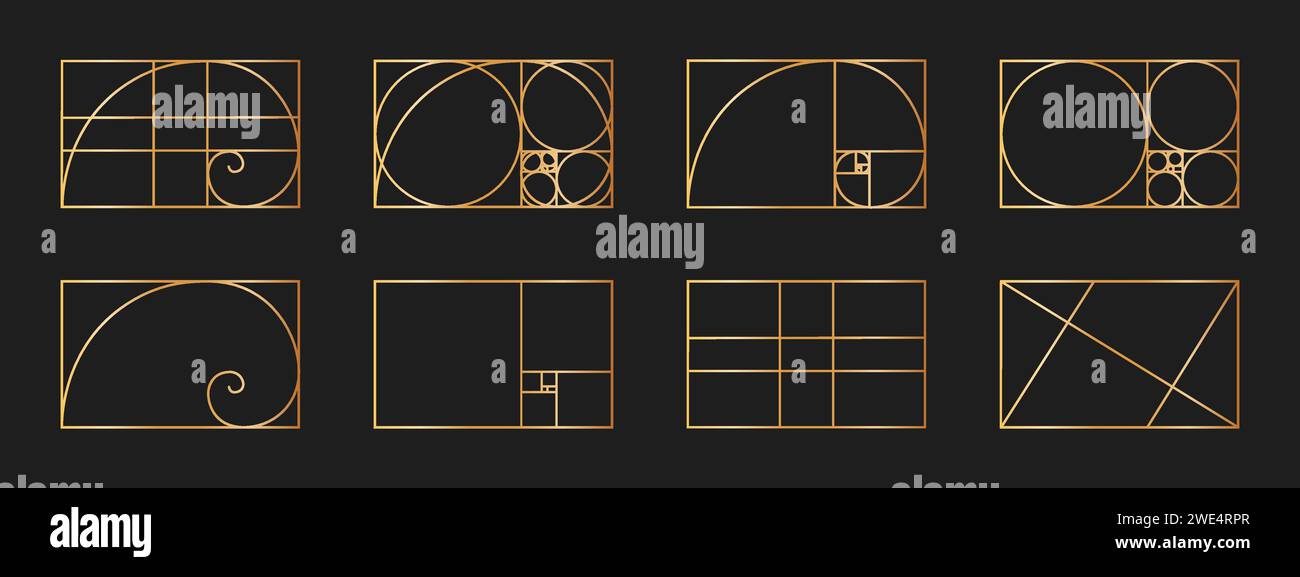 Set di modelli di rapporto dorato. Spirale logaritmica in cornice rettangolare divisa su linee, quadrati e cerchi. Griglie di sequenza Fibonacci. Layout proporzioni simmetria natura ideale. Illustrazione vettoriale Illustrazione Vettoriale