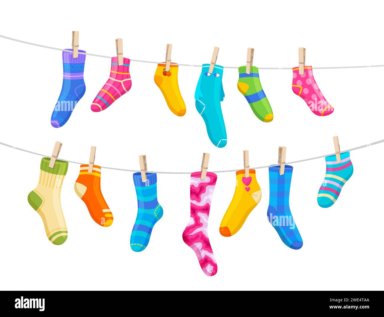 clothesline con calze e clothespins. Scarpe in cotone e lana appese alla corda. I sox per calze vettoriali dei cartoni animati si appendono fianco a fianco sulla linea di lavanderia. Le paia colorate per bambini e adulti trasmettono freschezza Illustrazione Vettoriale