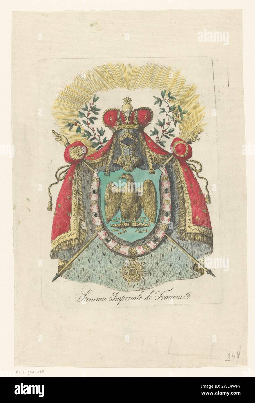 Stemma del primo Impero francese (1804-1814/1815), Anonimo, 1805 - 1850 stampa stemma del primo impero francese (1804-1814/1815), Francia sotto l'imperatore Napoleone. stemma con incisione di carta (simbolo dello stato, ecc.) Francia Foto Stock