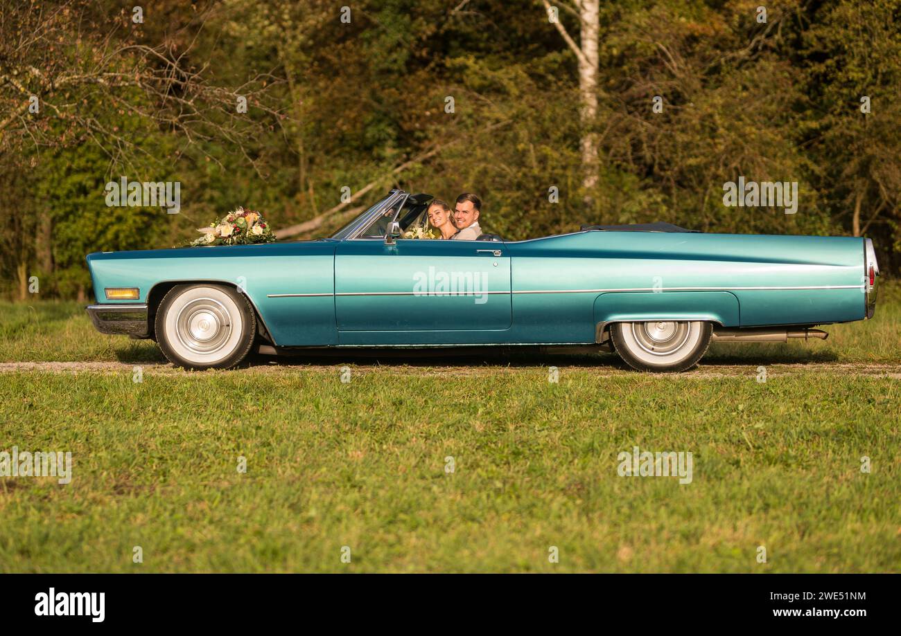 Foto divertenti, insolite, eleganti e originali con inversione di ruolo di una giovane e attraente coppia di nozze con bellissime auto veterane nella natura. Foto Stock