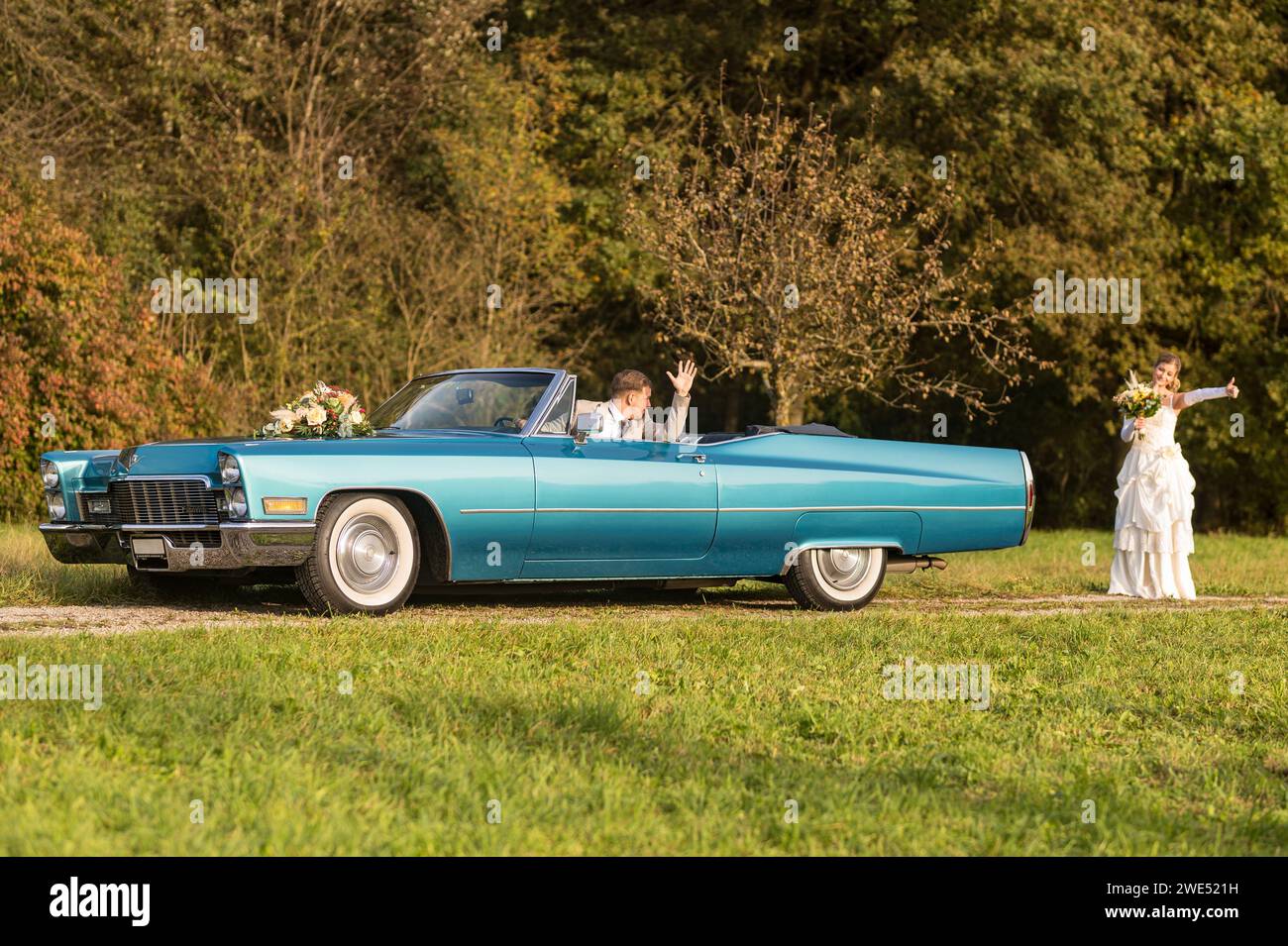 Foto divertenti, insolite, eleganti e originali con inversione di ruolo di una giovane e attraente coppia di nozze con bellissime auto veterane nella natura. Foto Stock
