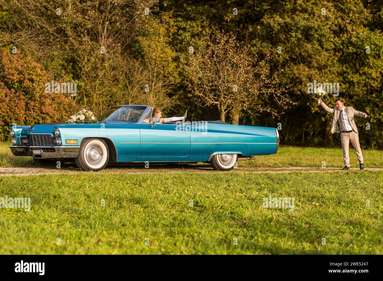 Foto divertenti, insolite, eleganti e originali con inversione di ruolo di una giovane e attraente coppia di nozze con bellissime auto veterane nella natura. Foto Stock