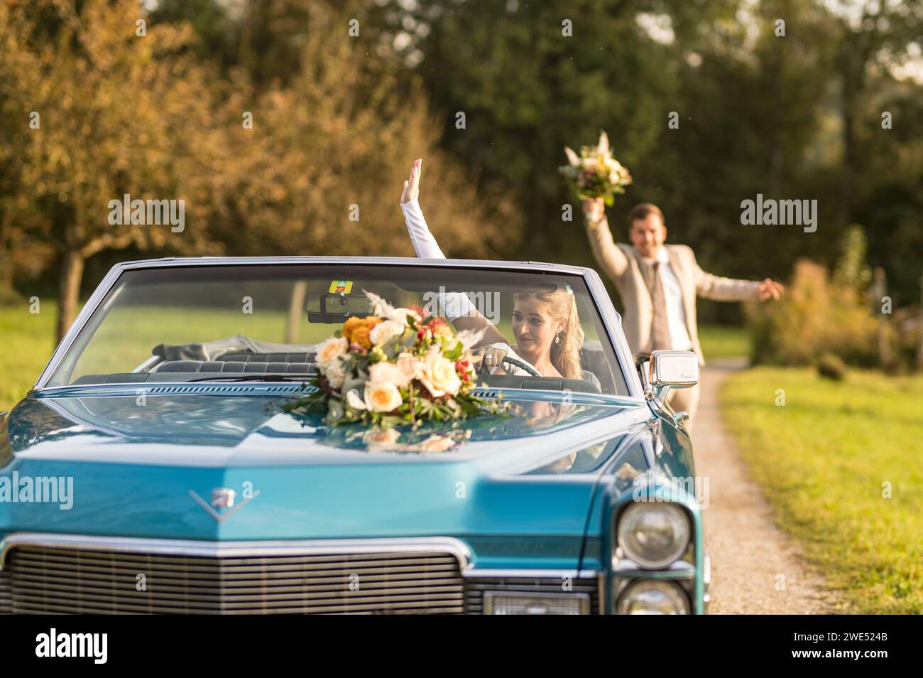 Foto divertenti, insolite, eleganti e originali con inversione di ruolo di una giovane e attraente coppia di nozze con bellissime auto veterane nella natura. Foto Stock